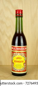 RIVER FALLS,WISCONSIN-OCTOBER 04,2017: A Bottle Of Paul Masson Brand Sweet Vermouth With A Wood Background.