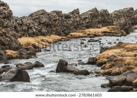 Öxará river flowing between massive tectonic plates in Thingvellir National Park in southwestern Iceland, Europe