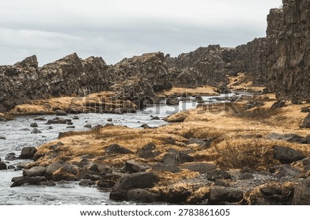 Öxará river flowing between massive tectonic plates in Thingvellir National Park in southwestern Iceland, Europe
