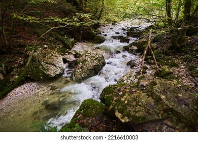 River Flowing In An Enchanted Forest With Moss Covered Boulders