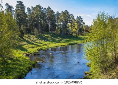 River flows into a valley in the spring