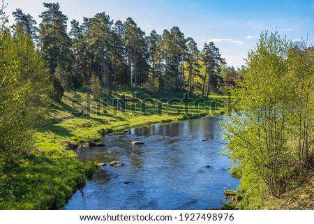 River flows into a valley in the spring