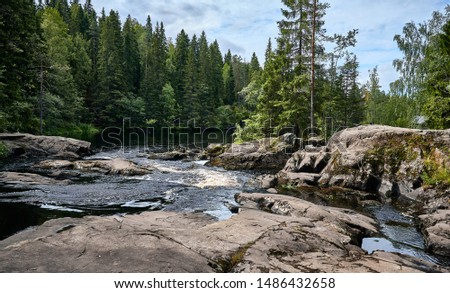 River flows over rocks through the woods. Nothern summer landscape. Karelia, Sortavala