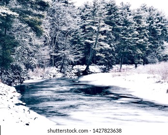 A River Frozen With Trees Branches Covered With Snow In The Winter Of New England Connecticut United States.