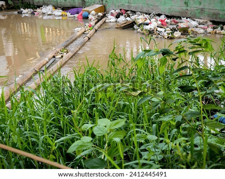 The river is full of rubbish, wild plants and bamboo