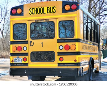 River Grove , Illinois USA - January 21, 2021, Montessori School American Schoolbus
