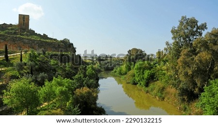 The river Guadaira as it passes through Alcala de Guadaira with the castle tower, Seville province, Andalusia, Spain.