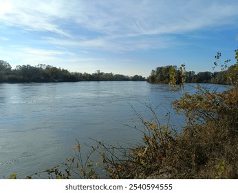 River with an island inside it. Riverside with lush, green forests around it. Calmness and tranquility surrounding the river. Croatia river, forestry and riversides. Hidden islands of rivers. - Powered by Shutterstock