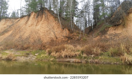 River landscape in late autumn. The high river bank with sandy bluffs is overgrown with birches and pines. Tall dry grass stands by the water. The bank is reflected in the water. Overcast weather - Powered by Shutterstock