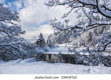 River Landscape In Winter. White Salmon River, Washington