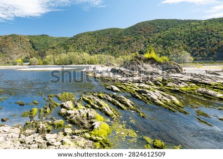 River with low water level, upper middle rhine valley near Kaub, Germany, dry riverbed due to extreme drought in Europe, impact freight transport and hinder shipping