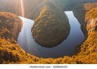 River Meander In Vyhlidka Maj Horseshoe, Aerial Drone Summer Sunset View