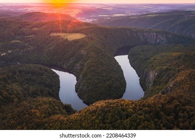 River Meander In Vyhlidka Maj Horseshoe, Aerial Drone Summer Sunset View