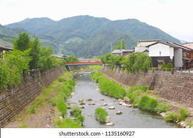 River And Mountain View Panorama In Furukawa, A Village With Aging Population In Japanese Alps, Japan. Hida, Gifu Prefecture