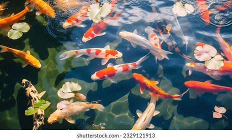 River pond decorative orange underwater fishes nishikigoi. Aquarium koi Asian Japanese wildlife colorful landscape nature clear water photo - Shutterstock ID 2329121913