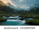 River rapids surrounded by northern forest and mountains at morning 3D render. Beautiful nature landscape, scenic outdoor background, serenity and calmness