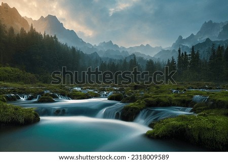 River rapids surrounded by northern forest and mountains at morning 3D render. Beautiful nature landscape, scenic outdoor background, serenity and calmness