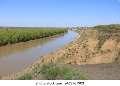 river riverbank precipitous nature beautifully long perspective quarry naturally natural waterway current navigation swim ishim Kazakhstan full-flowing fresh city muddy trees spring green sunny windin - Powered by Shutterstock