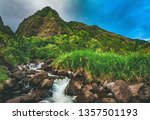 A river runs through the rainforest of Iao Valley State Park, located outside of Kahului and Wailuku in the West Maui Forest Reserve  on the island of Maui, Hawaii, United States.