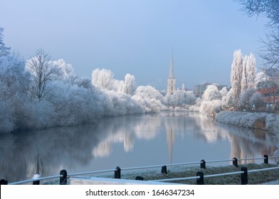 The river Severn at Worcester on a very frosty morning with St Andrew's church. England.