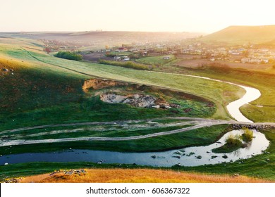 River And A Small Village In Moldova In Spring