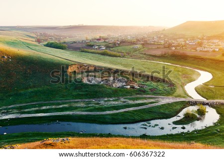 River and a small village in Moldova in spring
