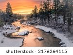 River in snowy nature. Snowy nature river landscape