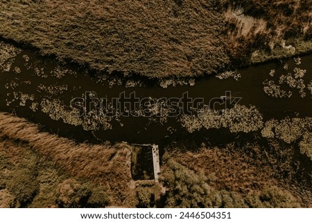 River structure into riverbed river Pivdennyi Buh seen from above. Drone aerial top down photo. Landscape riverbed and land relief. View from above. Aerial photography. curved river flow line Ukraine