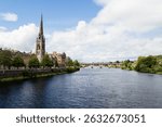 River Tay embankment with St Matthews Church of Scotland in Perth, 
