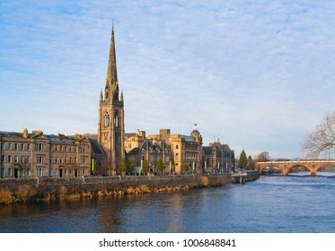 River Tay Embankment With St Matthews Church Of Scotland In Perth, Scotland