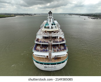 River Thames, Gravesend, Kent, UK 25th April 2022 Drone Shot Of MS Deutschland Passing Gravesend After A Short Visit To Greenwich, London.
