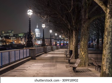 River Thames Riverbank Near Waterloo Bridge In Night, London, South Bank.