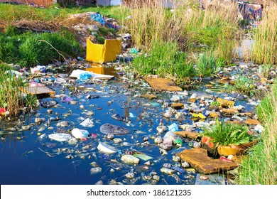 River That Is Polluted With Various Garbage And Trash, Polluted Rivers, Photography