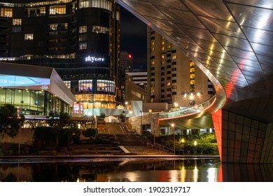 The River Torrens Footbridge And The New Adelaide Casino At Night In South Australia On January 25th 2021