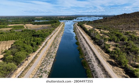 River Transposition System In Cabrobo In Pernambuco Brazil. Sao Francisco River Transposition. Hydric Development. River Transposition System. Water Distribution Landscape. Irrigation System.