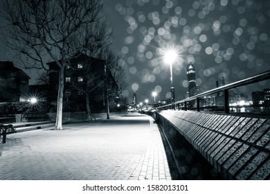 River Walk London Path Night Lights Rain