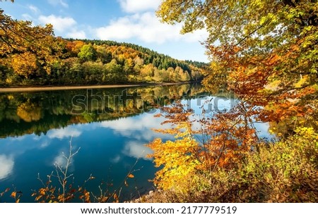 River water in the autumn forest. Autumn river water reflection