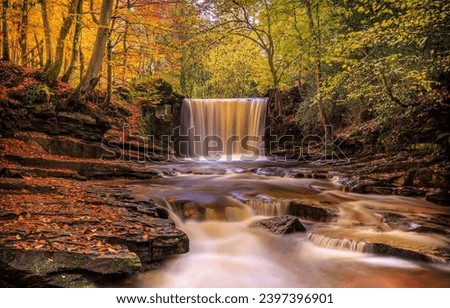 River waterfall in autumn forest. A beautiful waterfall in the autumn forest. Autumn forest waterfall landscape. Forest waterfall in autumn