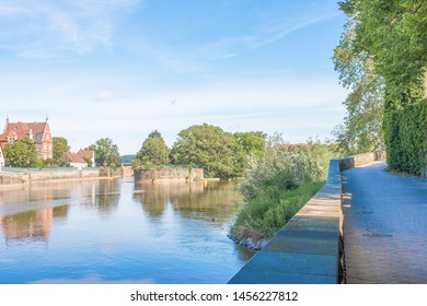 River Weser From The Münster Bridge (Münsterbrücke) With The Little Island Hameln Lower Saxony (Niedersachsen)