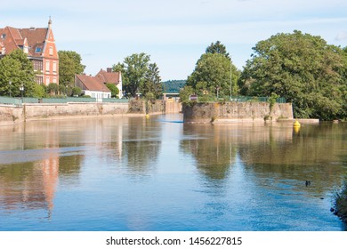 River Weser From The Münster Bridge (Münsterbrücke) With The Little Island Hameln Lower Saxony (Niedersachsen)