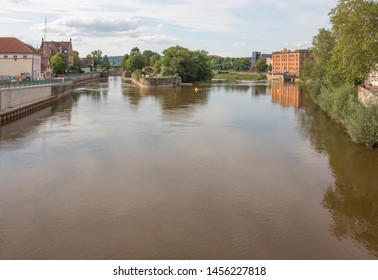 River Weser From The Münster Bridge (Münsterbrücke) With The Little Island Hameln Lower Saxony (Niedersachsen)