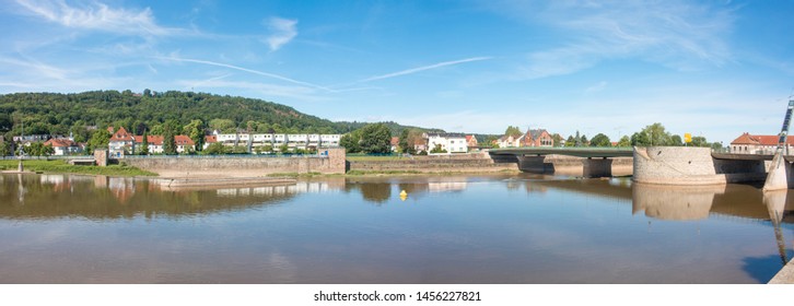 River Weser From The Münster Bridge (Münsterbrücke) With The Little Island Hameln Lower Saxony (Niedersachsen)