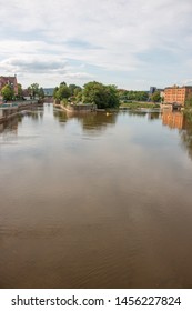 River Weser From The Münster Bridge (Münsterbrücke) With The Little Island Hameln Lower Saxony (Niedersachsen)