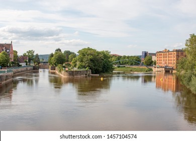 River Weser From The Münster Bridge (Münsterbrücke) With The Little Island Hameln Lower Saxony (Niedersachsen)