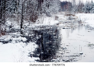 river in winter forest