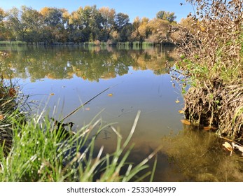 riverbank, autumn, reflection, trees, sky - Powered by Shutterstock