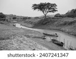 riverbed with rowboat outdoor. riverbed with rowboat at water. riverbed with rowboat