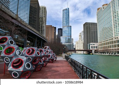Riverfront Walkway and Elevated Highway/ Freeway along the Chicago River, with Modern Skyscrapers all around - Chicago, Illinois, USA