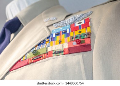 Riverside, California/United States - 06/05/2019: Decorated High Ranking Officer Patches And Military Insignia On A Uniform Jacket, On Display At The March Field Air Museum