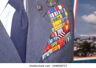 Riverside, California/United States - 06/05/2019: Decorated High Ranking Officer Patches And Military Insignia On A Uniform Jacket, On Display At The March Field Air Museum